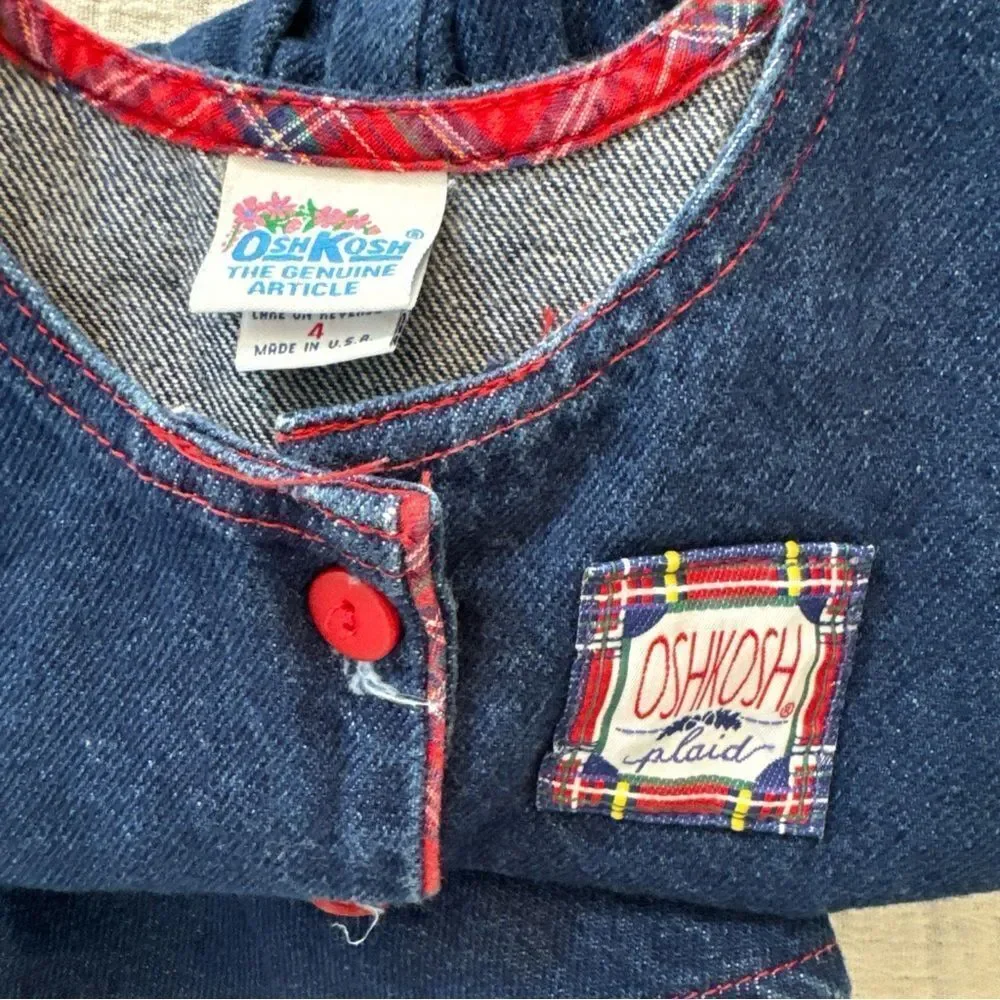 VTG Oshkosh Girls 4 Denim Jumper Overall Dress Blue Red Plaid Christmas USA